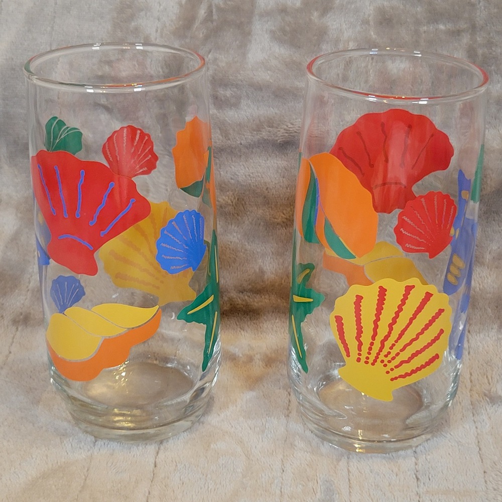 Libbey Tropical Seashells Highball Glasses VTG Coastal Starfish Set 2 Beach